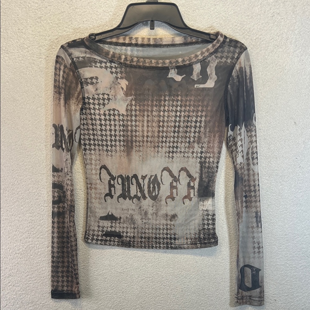 Womens Mesh Graphic Long Sleeve Top Size Small Y2K Grunge Alt Fashion